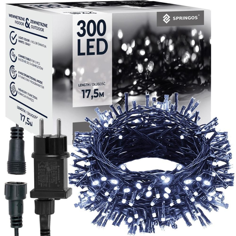 SPRINGOS LED světelný řetěz - 17,5m, 300LED, 8 funkcí, IP44, studená bílá CL4078-XG