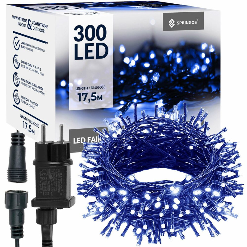 SPRINGOS LED světelný řetěz - 17,5m, 300LED, 8 funkcí, paměť, IP44, modrá CL4080-XG