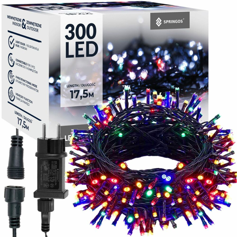 SPRINGOS LED světelný řetěz - 17,5m, 300LED, 8 funkcí, IP44, multicolor CL4081-XG