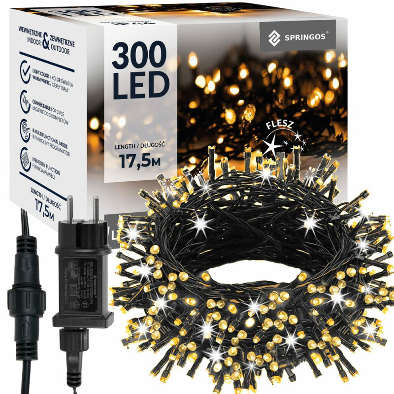 SPRINGOS LED světelný řetěz - 17,5m, 300LED, IP44, teplá bílá + záblesky CL4082-XG