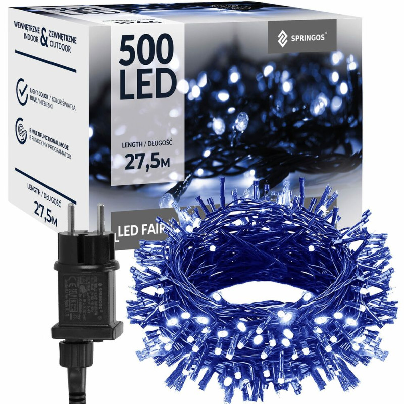 SPRINGOS LED světelný řetěz - 27,5m, 500LED, 8 funkcí, paměť, IP44, modrá CL4087-XG