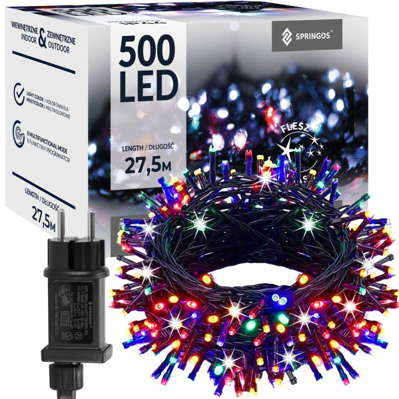 SPRINGOS LED světelný řetěz - 27,5m, 500LED, IP44, multicolor + záblesky CL4091-XG