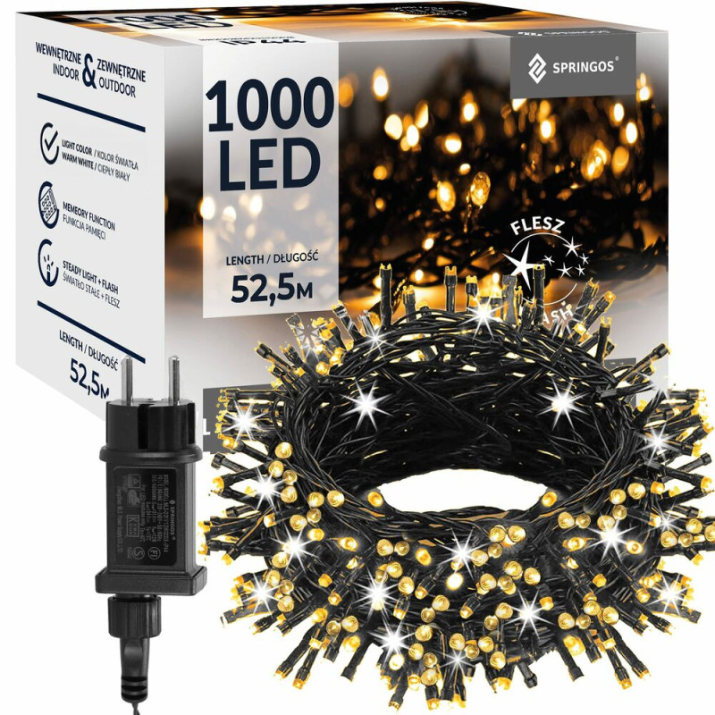 SPRINGOS LED světelný řetěz - 52,5m, 1000LED, IP44, teplá bílá + záblesky CL4096-XG