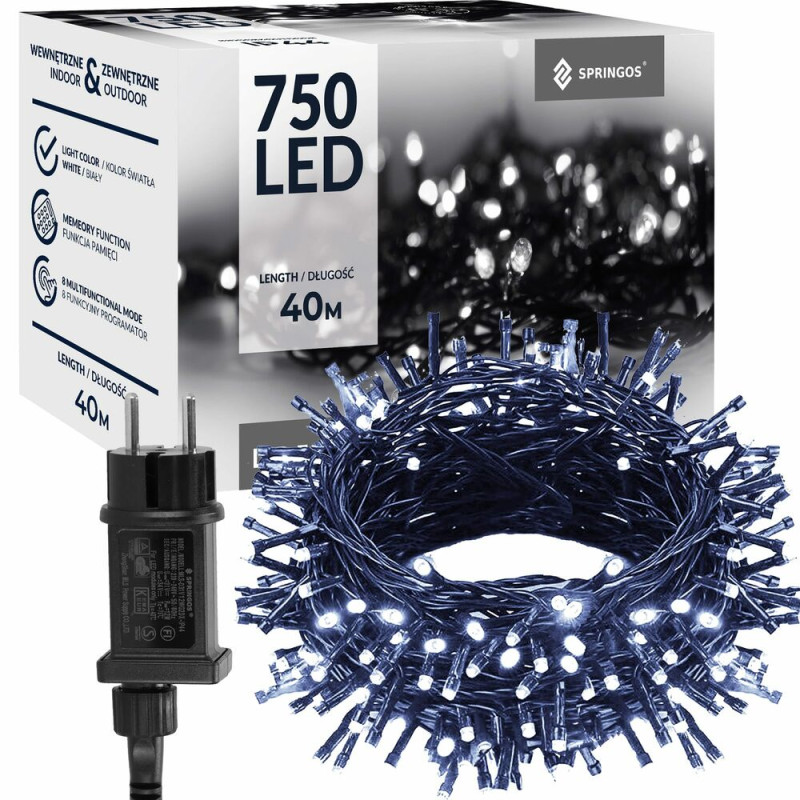 SPRINGOS LED světelný řetěz - 40m, 750LED, 8 funkcí, IP44, studená bílá CL4092-XG