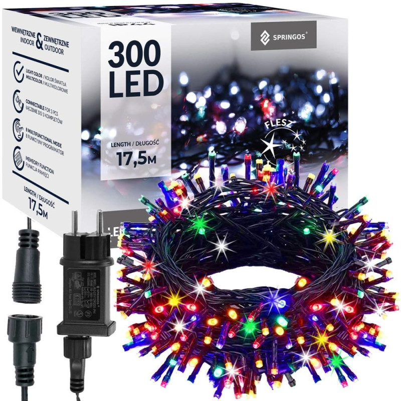 SPRINGOS LED světelný řetěz - 17,5m, 300LED, IP44, multicolor + záblesky CL4084-XG