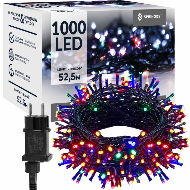 SPRINGOS LED světelný řetěz - 52,5m, 1000LED, 8 funkcí, paměť, IP44, multicolor CL4094-XG