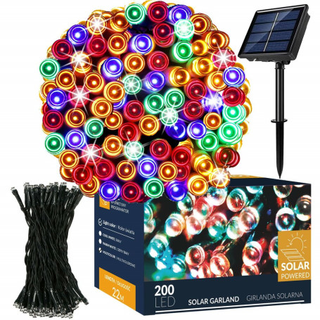 LED solární řetěz - 22m, 200LED, 8 funkcí, IP44, multicolor