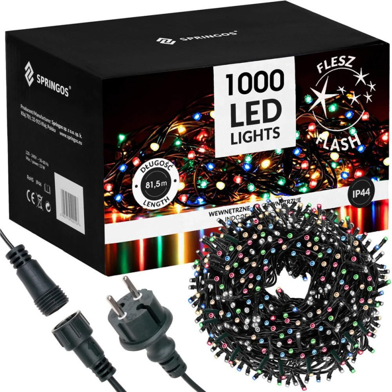 SPRINGOS LED světelný řetěz - 81,5m, 1000LED, IP44, multicolor + záblesky CL1009-XG