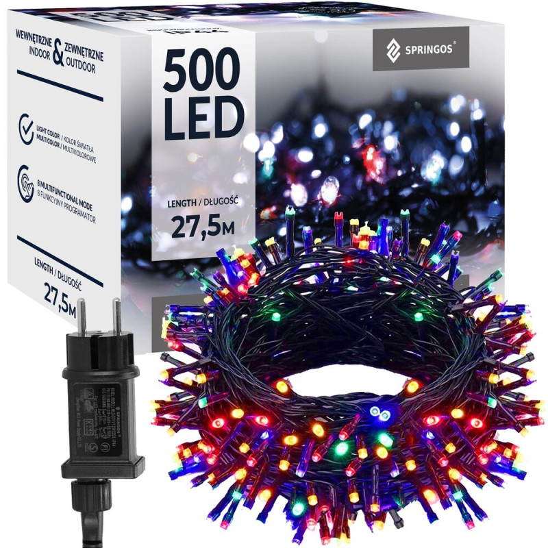 SPRINGOS LED světelný řetěz - 27,5m, 500LED, 8 funkcí, paměť, IP44, multicolor CL0542-XG