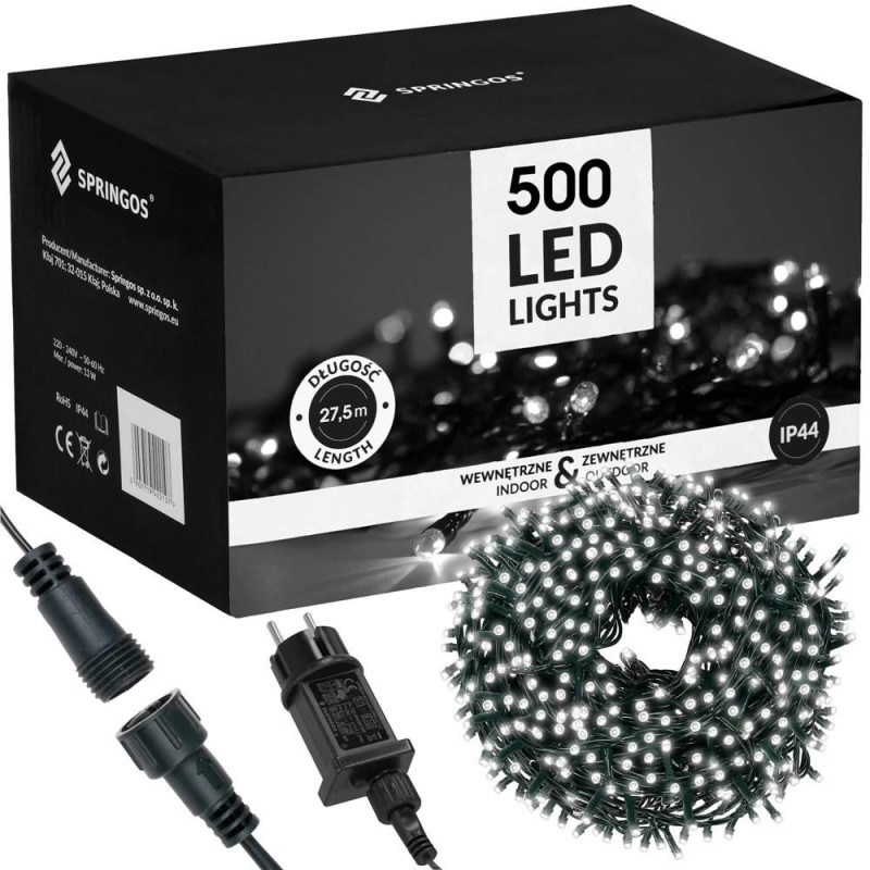 SPRINGOS LED světelný řetěz - 27,5m, 500LED, IP44, studená bílá + záblesky CL0543-XG