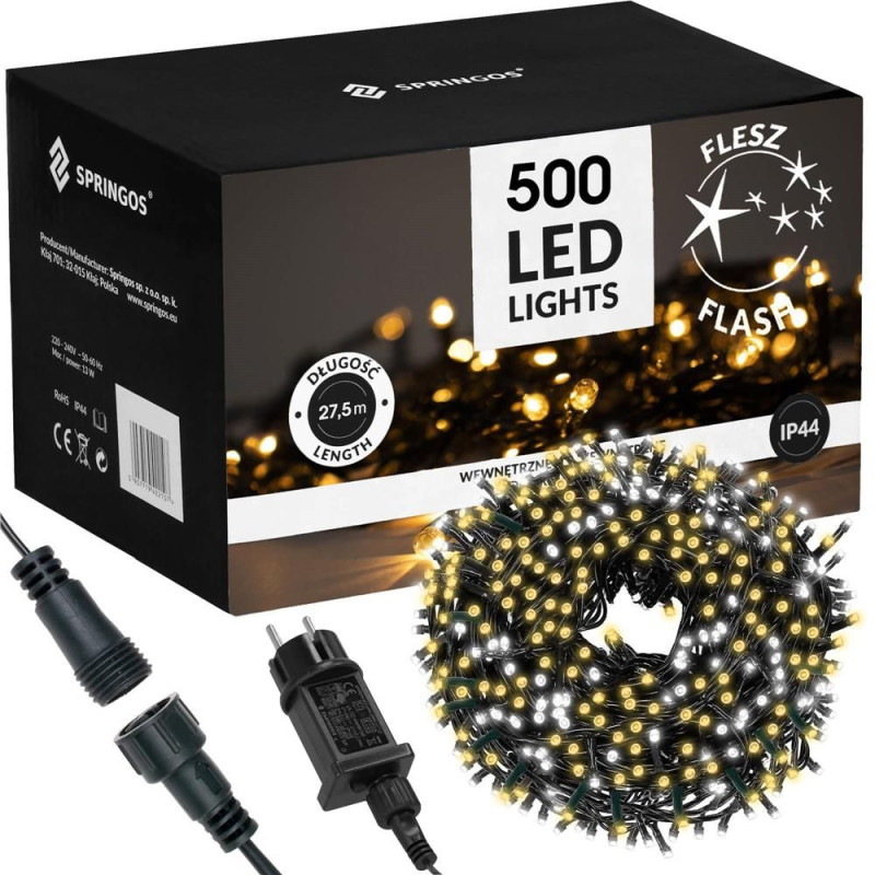 SPRINGOS LED světelný řetěz - 27,5m, 500LED, IP44, teplá bílá + záblesky CL0544-XG