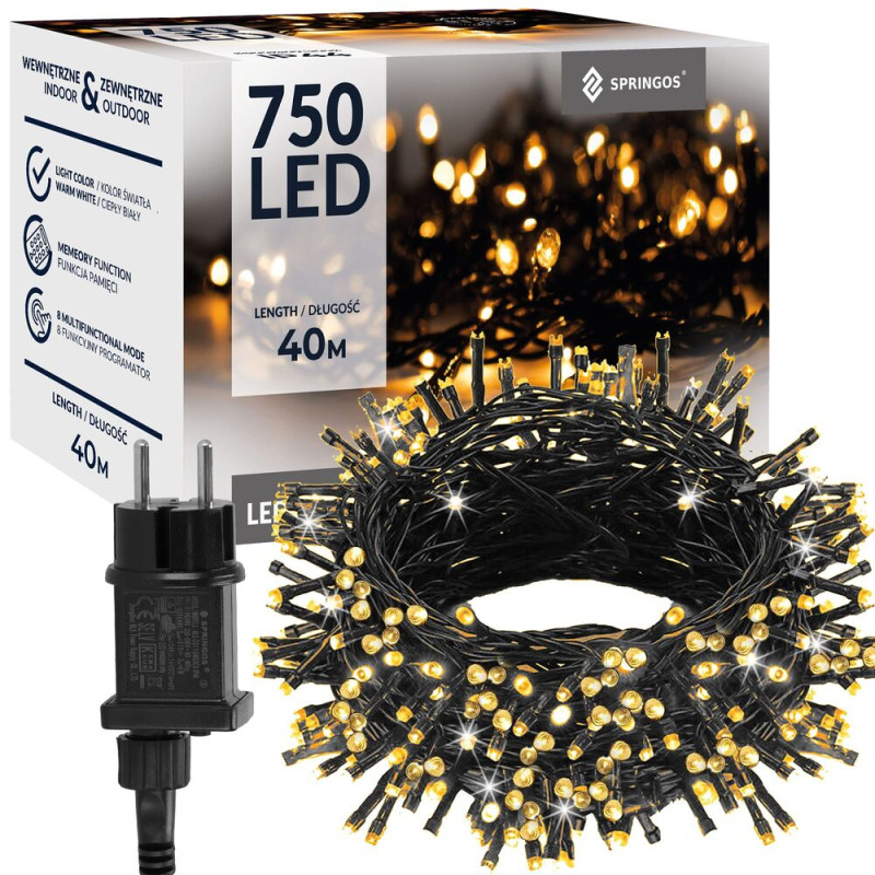 SPRINGOS LED světelný řetěz - 40m, 750LED, 8 funkcí, paměť, IP44, teplá bílá CL0546-XG