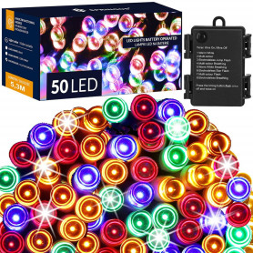 LED řetěz - 5m, 50LED, 8-funkcí, časovač, 3xAA, IP44, multicolor