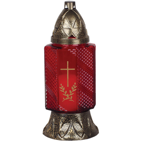Kahanec na hroby Grave 24 cm, červené sklo, s křížem, měděný