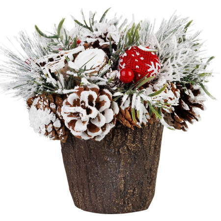Vánoční ikebana se zasněženým chvojím, imitace dřeva 18 cm
