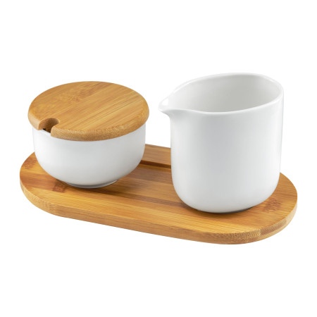 Bílá cukřenka a mléčenka na bambusovém podnosu Natural