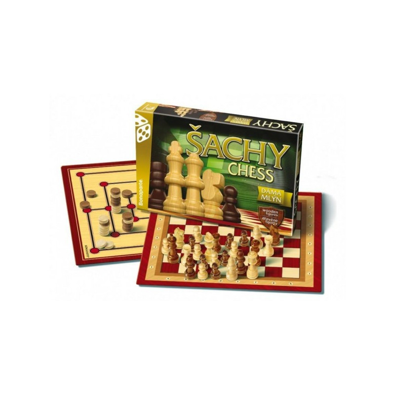 Bonaparte Šachy, dáma, mlýn dřevěné figurky a kameny společenská hra v krabici 35x23x4cm 26004644-XG