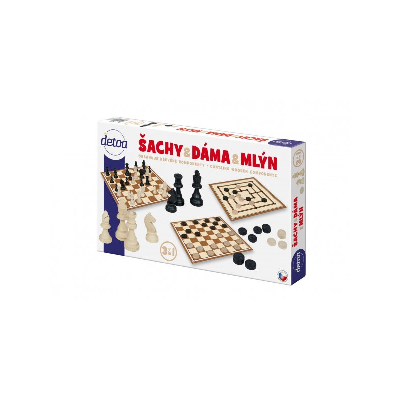 Detoa Šachy,dáma, mlýn dřevěné figurky a kameny společenská hra v krabici 35x23x4cm 33014213-XG