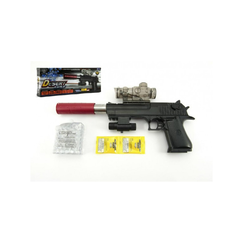 Teddies Pistole plast/kov 33cm na vodní kuličky + náboje 9-11mm na baterie se světlem v krabici 34x13x4cm 00312354-XG