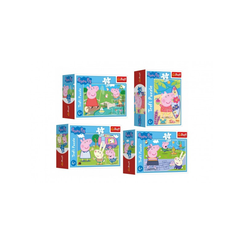 Trefl Minipuzzle 54 dílků Šťastný den Prasátka Peppy/Peppa Pig 4 druhy v krabičce 9x6,5x3,5cm 40ks v boxu 89154169-XG