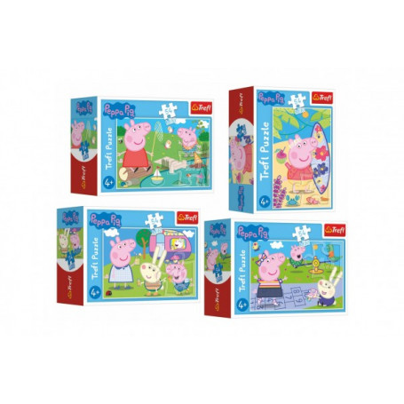 Minipuzzle 54 dílků Šťastný den Prasátka Peppy/Peppa Pig 4 druhy v krabičce 9x6,5x3,5cm 40ks v boxu