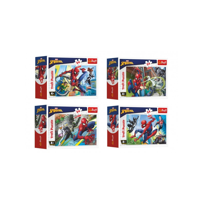 Trefl Minipuzzle 54 dílků Spidermanův čas 4 druhy v krabičce 9x6,5x4cm 40ks v boxu 89154164-XG