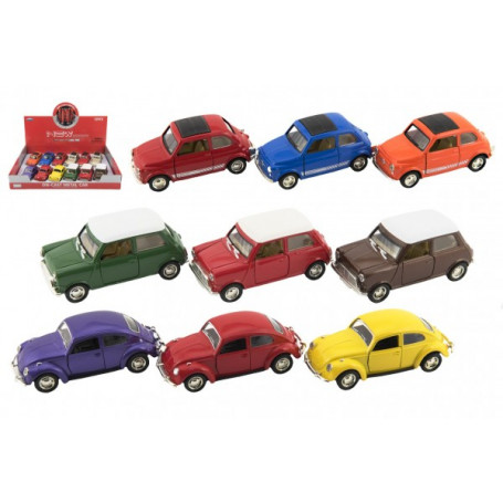 Auto retro 11cm kov/plast na baterie se světlem na zpětné natažení mix druhů 12ks v boxu