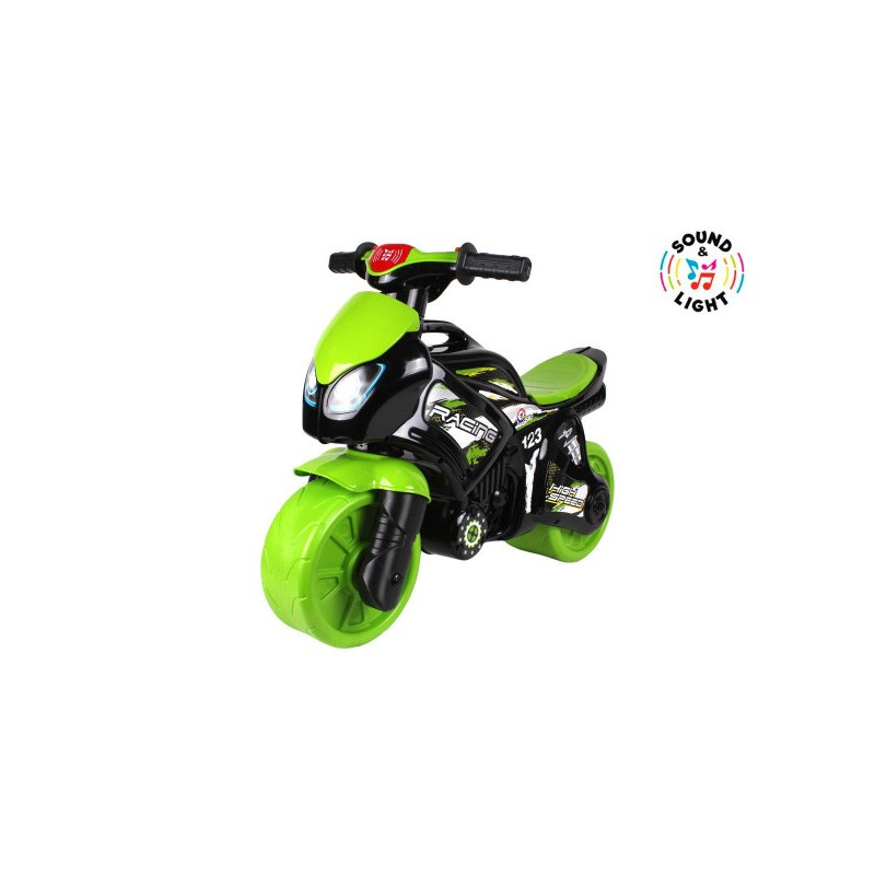Teddies Odrážedlo motorka zeleno-černá plast na baterie se světlem se zvukem v sáčku 36x53x74cm 00880075-XG
