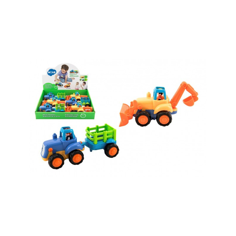 Teddies Traktor s vlekem/Buldozer plast 16cm pro nejmenší na setrvačník 6ks v boxu 18m+ 00850152-XG